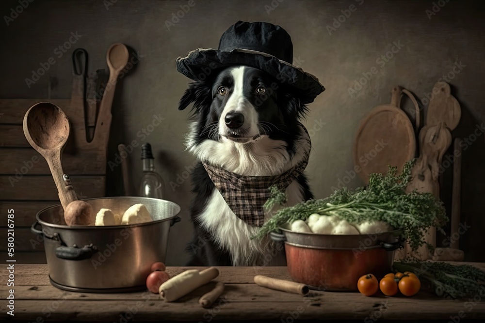 The dog was in the kitchen with some veggies. Food and nutrition for animals. Border Collie in Cooki