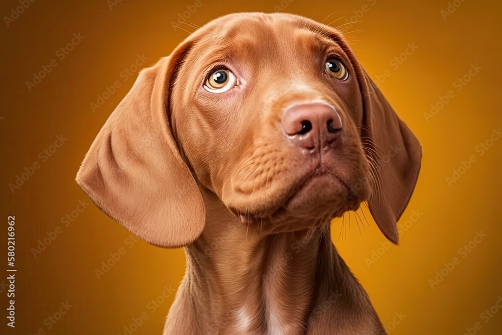 Cute hungarian vizsla puppy studio portrait. Head shot of a dog looking up, with a bright yellow bac