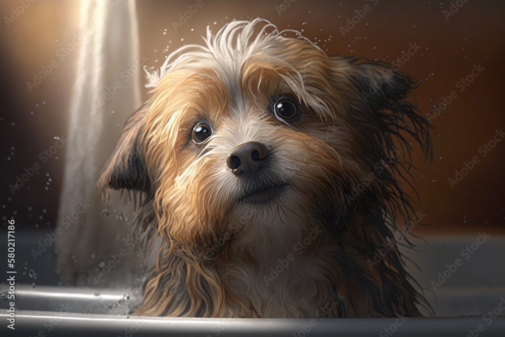 A close up picture of a cute dog in shampoo in the bathroom. Grooming and care for a dog. Generative