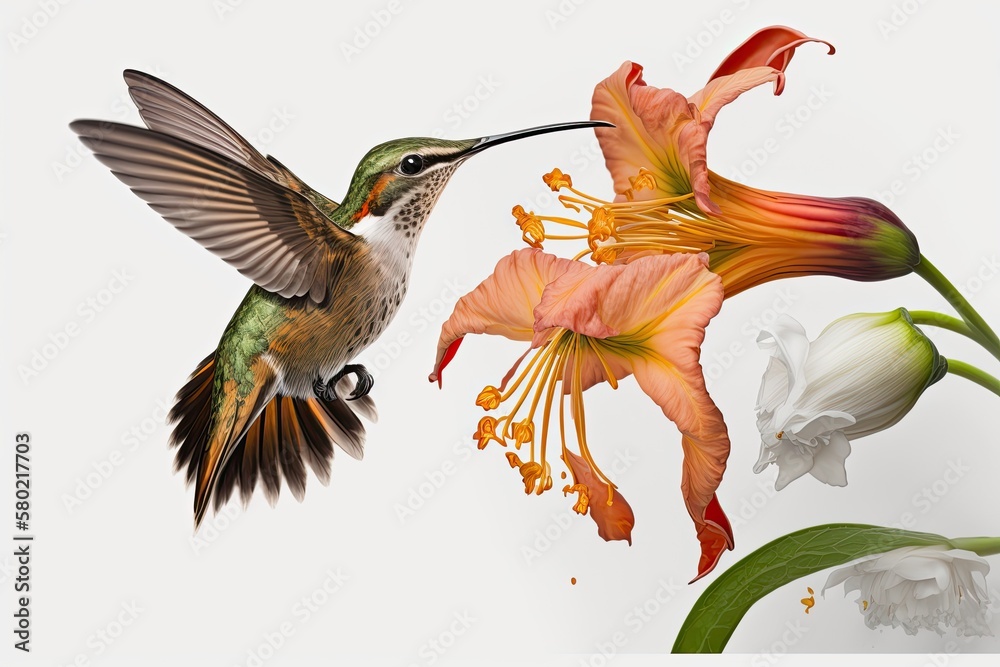 A male young ruby throated hummingbird (archilochus colubris) hovers over an attractive orange day l