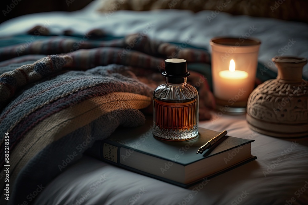 Perfume in a glass bottle on a nightstand next to a lit candle, an open book, and a knit wool blanke