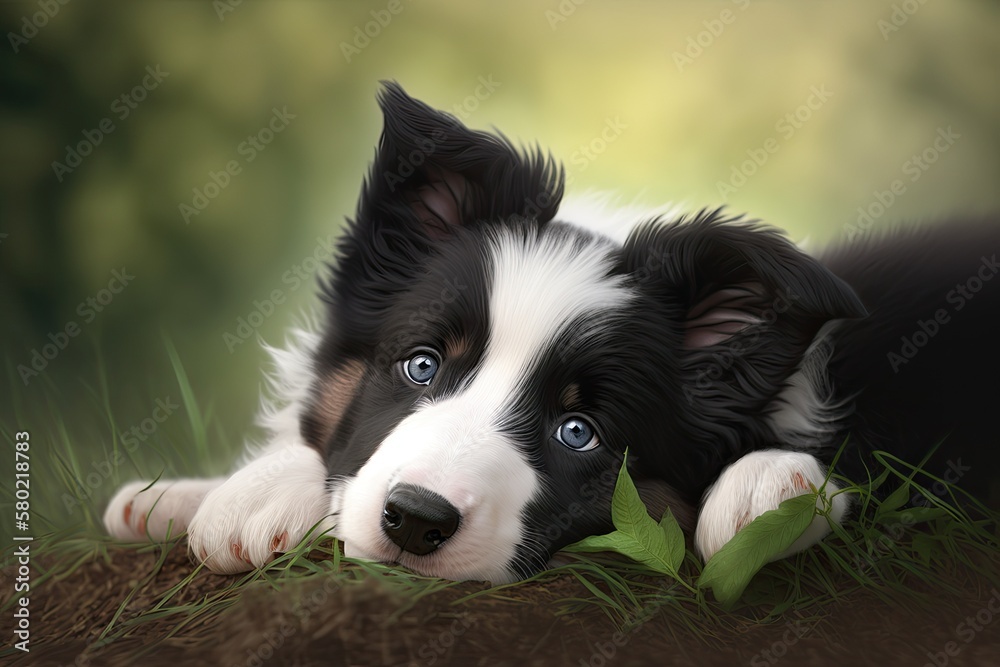 Adorable A young Border collie was lying down. Cute fluffy four month old puppy in the park. Generat