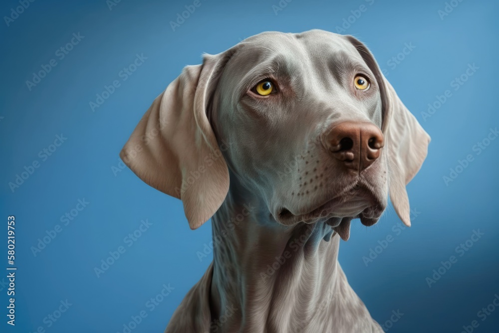 A picture of a female Weimaraner dog with her head tilted against a blue background. Generative AI