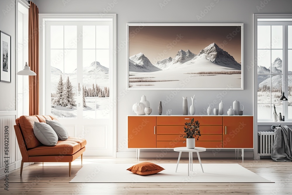 Image of a white landscape in the window and a huge, orange sofa in a Scandinavian living room with 