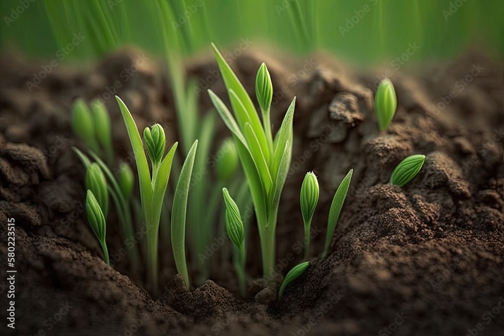 Growing young wheat plants in a field. green wheat seedlings developing in the ground. Generative AI