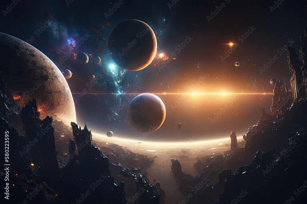 Astronomical or mystical depiction of planets and meteors. Generative AI