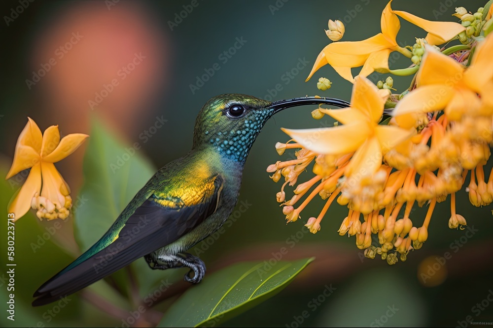 In this case, its a female Blue chinned Sapphire hummingbird enjoying a meal of yellow Ixora flower