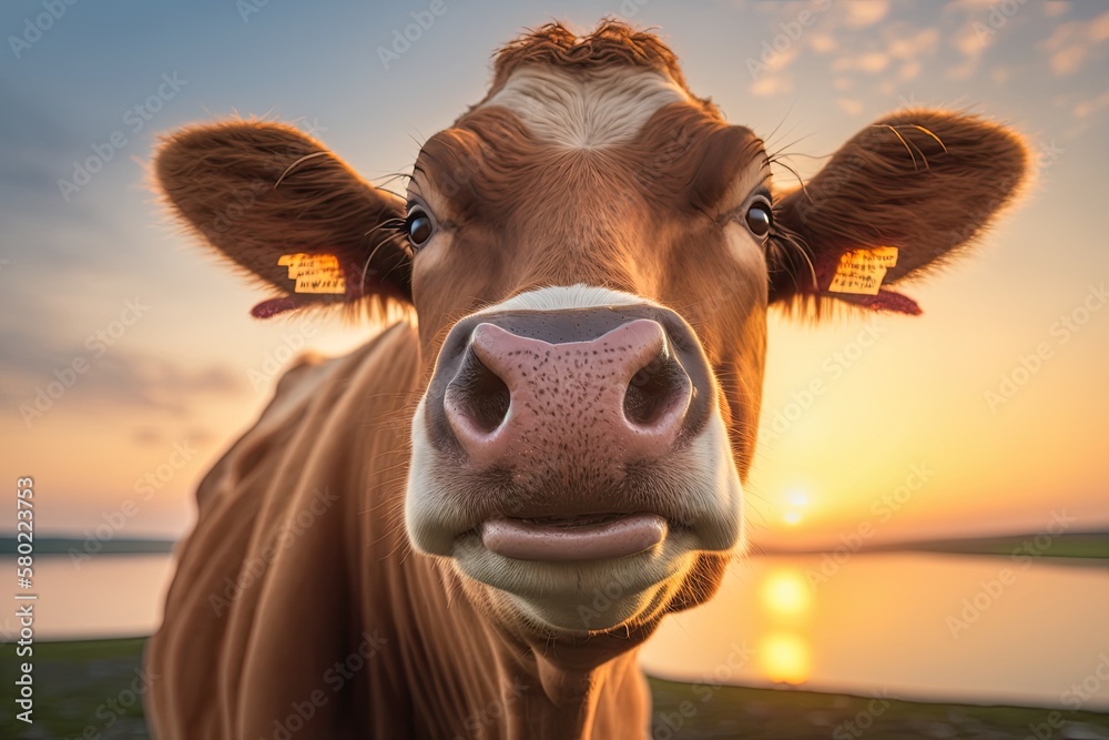 Portrait smile Jersey cow sticks out tongue at sunset. Think of funny animal pictures. Generative AI