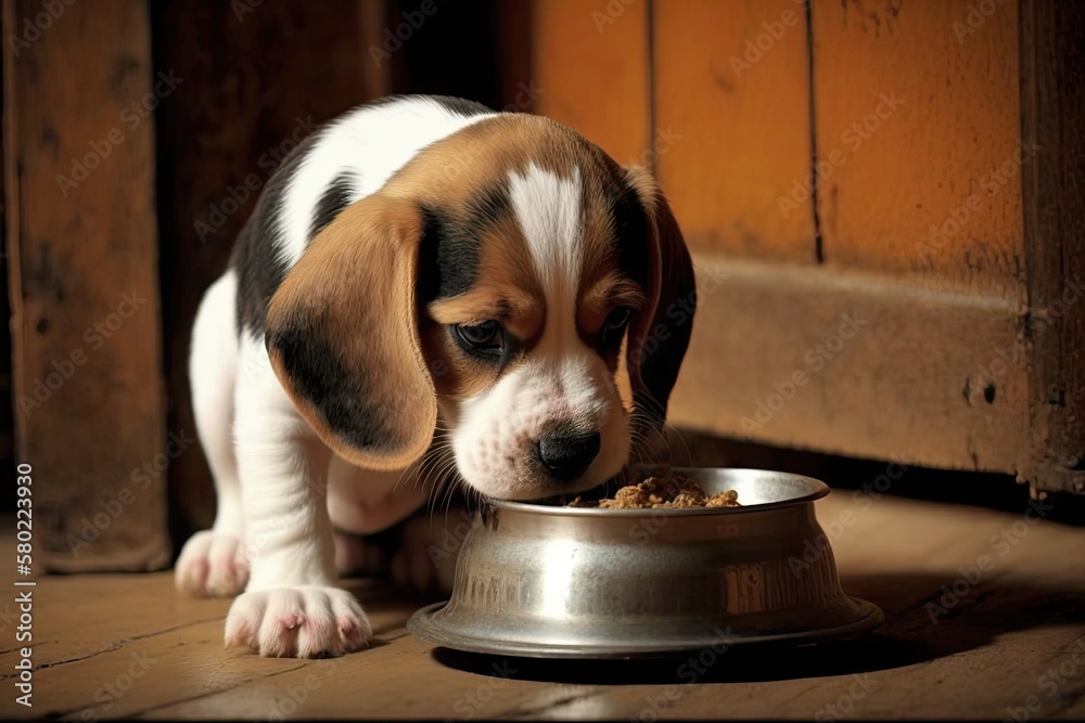 Beagle puppy eating in the house. adorable animal. Generative AI