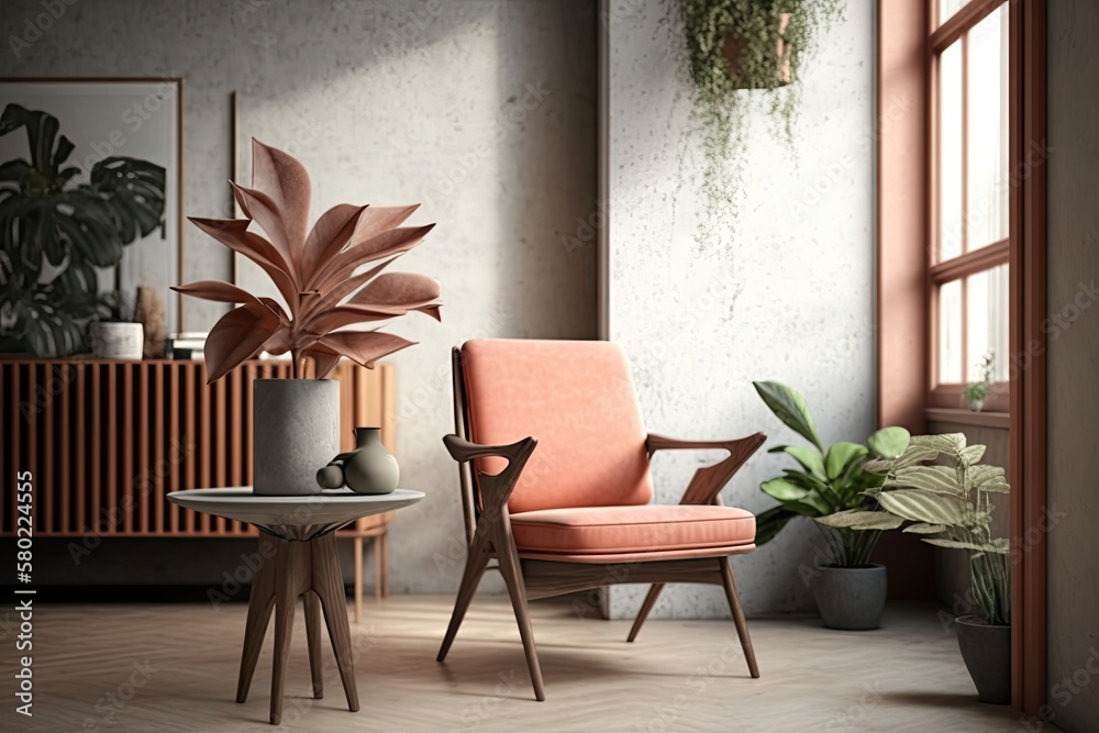 modern living room with mid century minimalist decor Vintage coral armchair and a wood table on a co