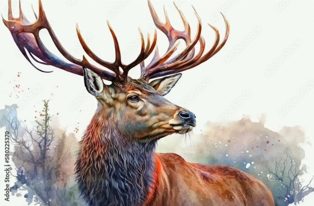 Antlers on male deer. Red deer stag. Aquarelle, a watercolor drawing with space for writing. Generat