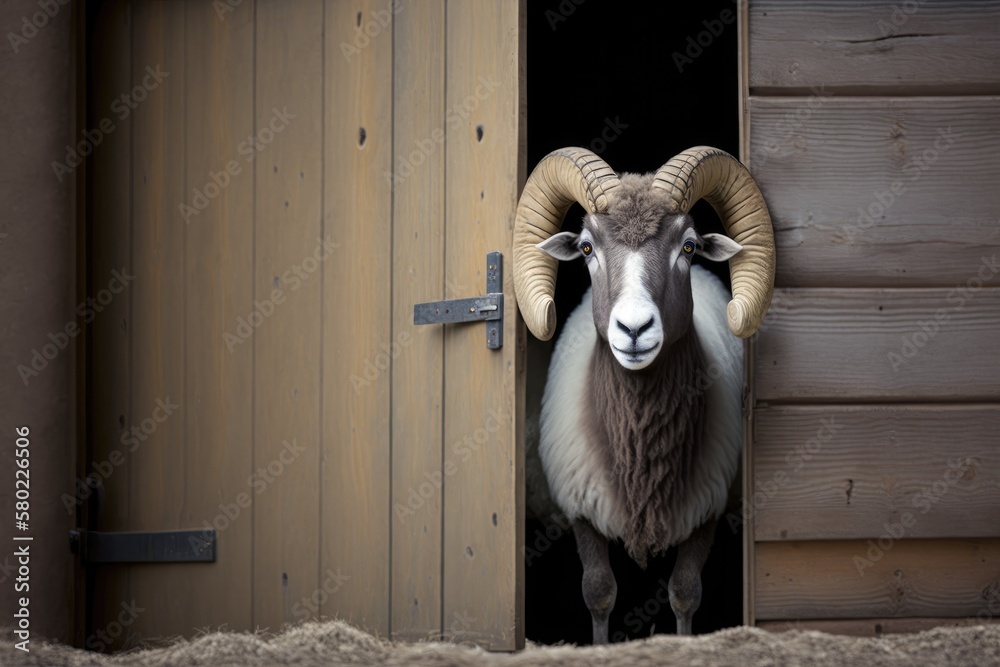 Sheep Ram Peeking Through the Door to an Animal Pen in North America. Generative AI