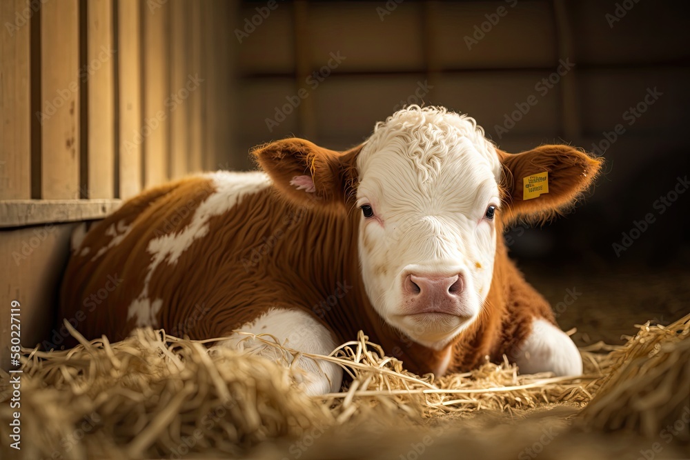 A picture of a cute baby simmental lying on straw in a stable. Calf just born looking at camera. Gen