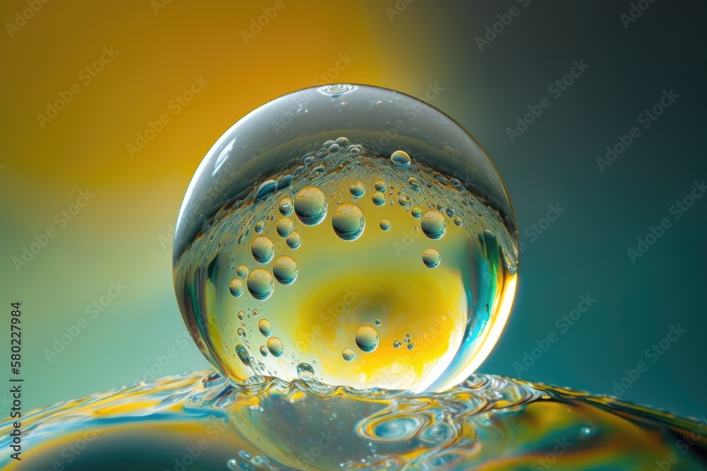 Water bubble in close up on the bright surface. Generative AI