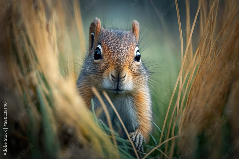 A close up of a common squirrel peeking out of the grass in the fall and looking at the camera. Gene