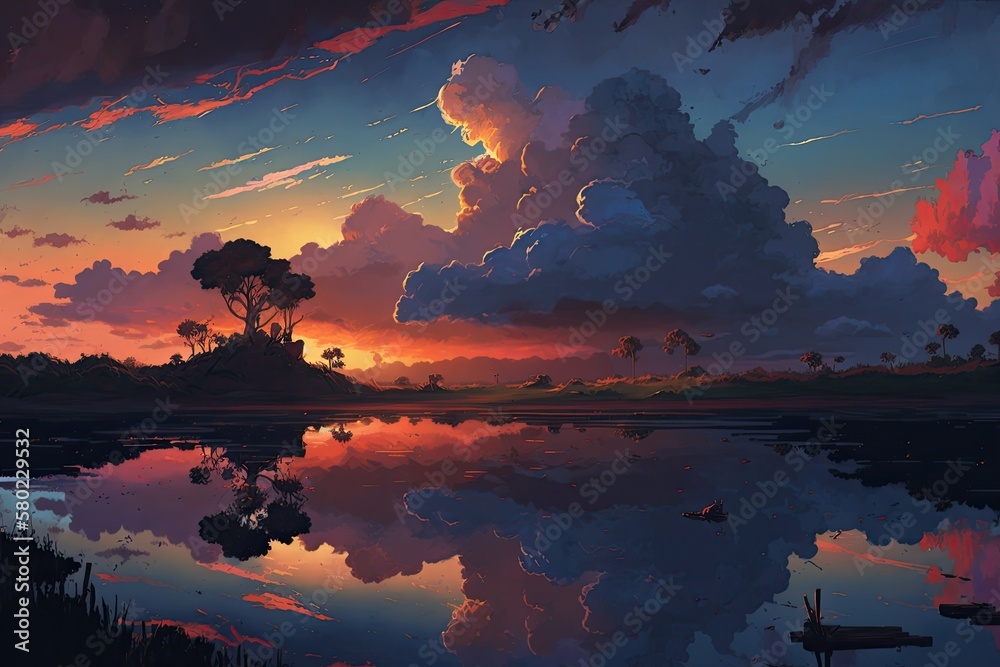 Sunset paradise with a red and blue sky, a cloud hamlet, and a rivers reflection in the distance. G