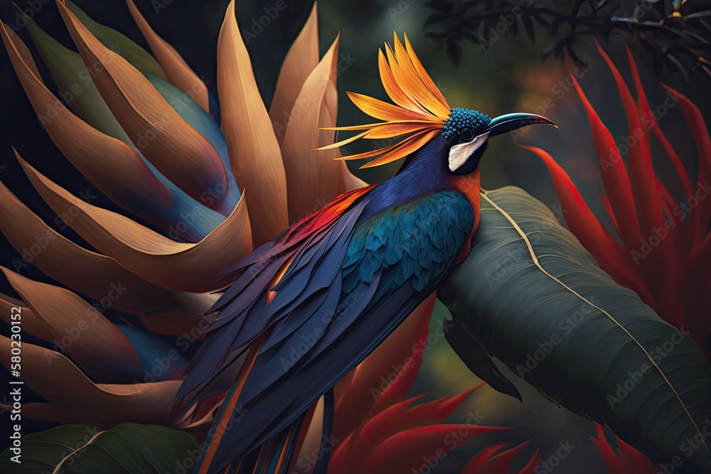 Bird of paradise in a vibrant garden. Generative AI