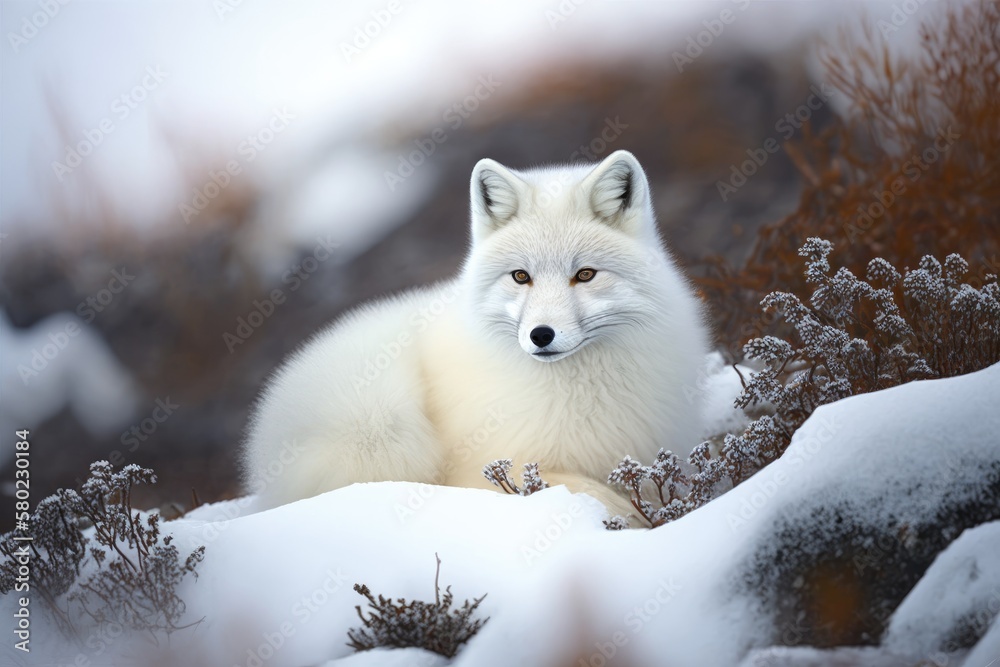 Arctic fox (Vulpes Lagopus) in the tundra in the winter. Close up of a white arctic fox. Generative 