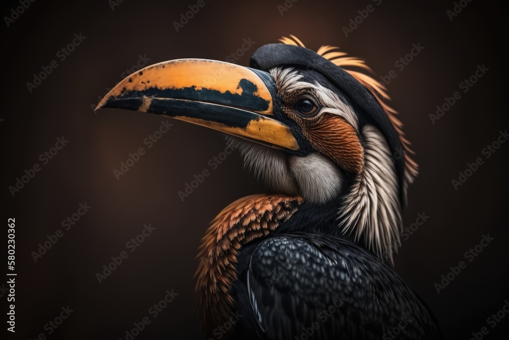 Hornbill in front of a dark background. Detail of birds face. Hornbill up close. Poster bird. Photo