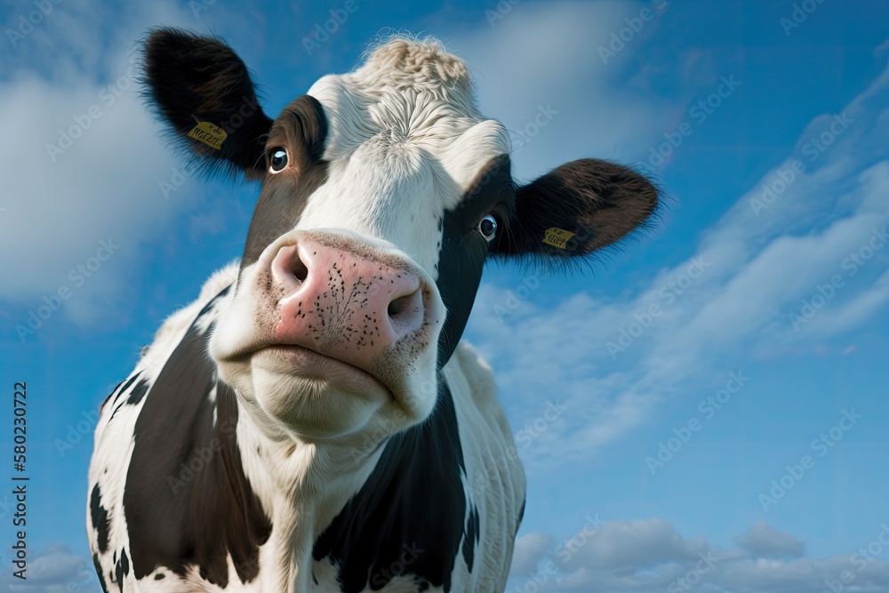 Mature black and white cow with a pink nose standing in front of a blue sky. Generative AI