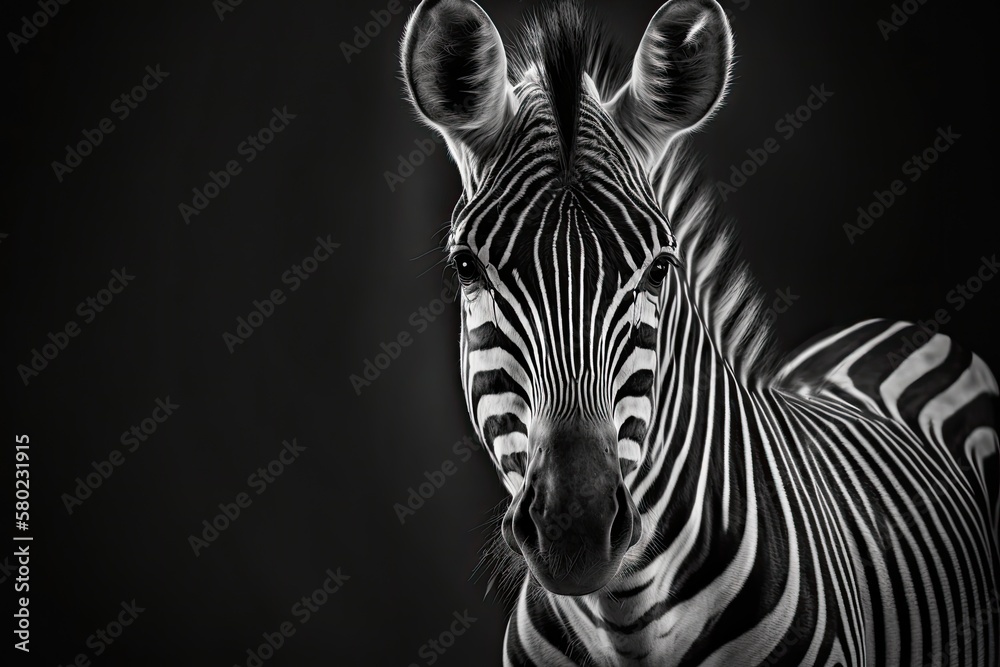 Portrait of a zebra in black and white. A wild animal from Africa looks at the camera. Eyes in focus