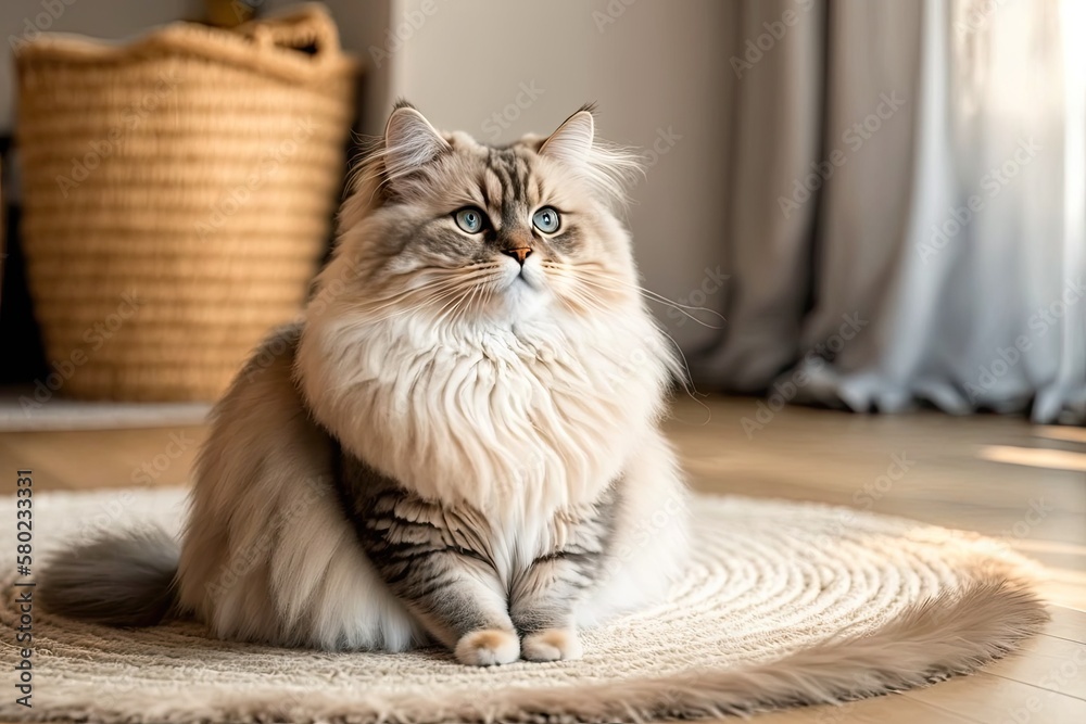 The fluffy Siberian cat is sitting on the wicker rug made of jute. On the hardwood floor in the livi