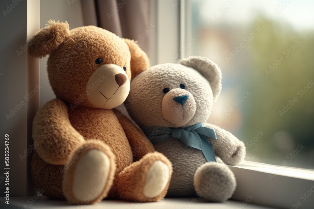 close associates Teddy bear and rabbit toy are cuddling while sitting on a window ledge, gazing out 