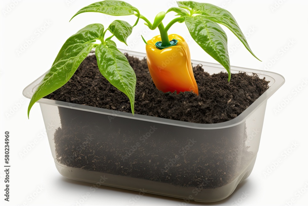 Image of a Bell Pepper seedling growing in a plastic planter against a white background. Generative 