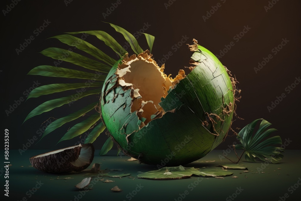 Cracked coconut with a palm leaf in a tropical green color. Generative AI