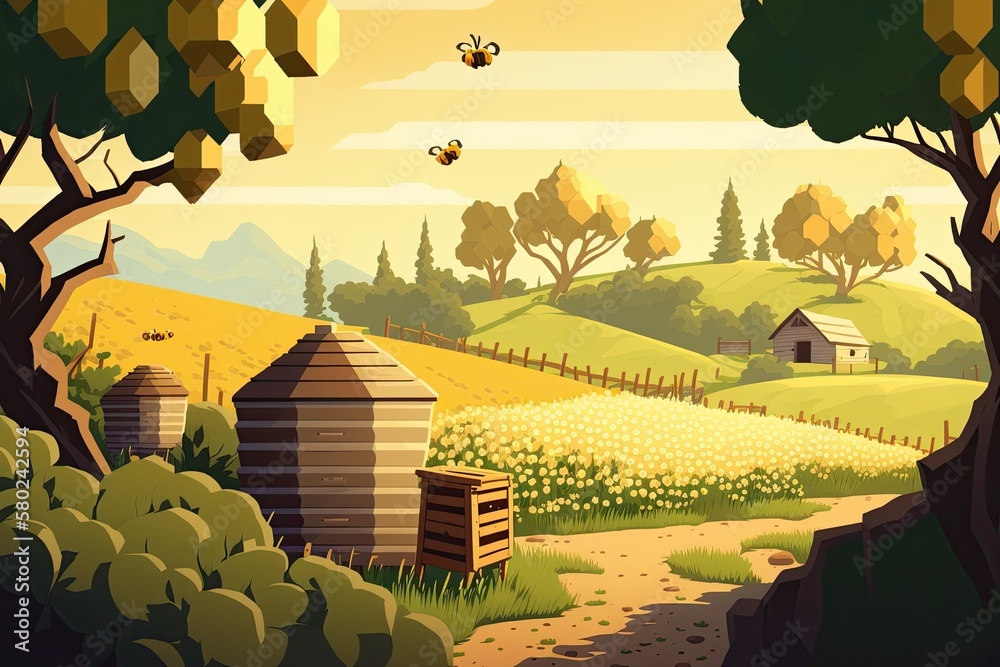 A rural landscape with a settlement may be seen in the distance, with a bee apiary and honeycomb in 