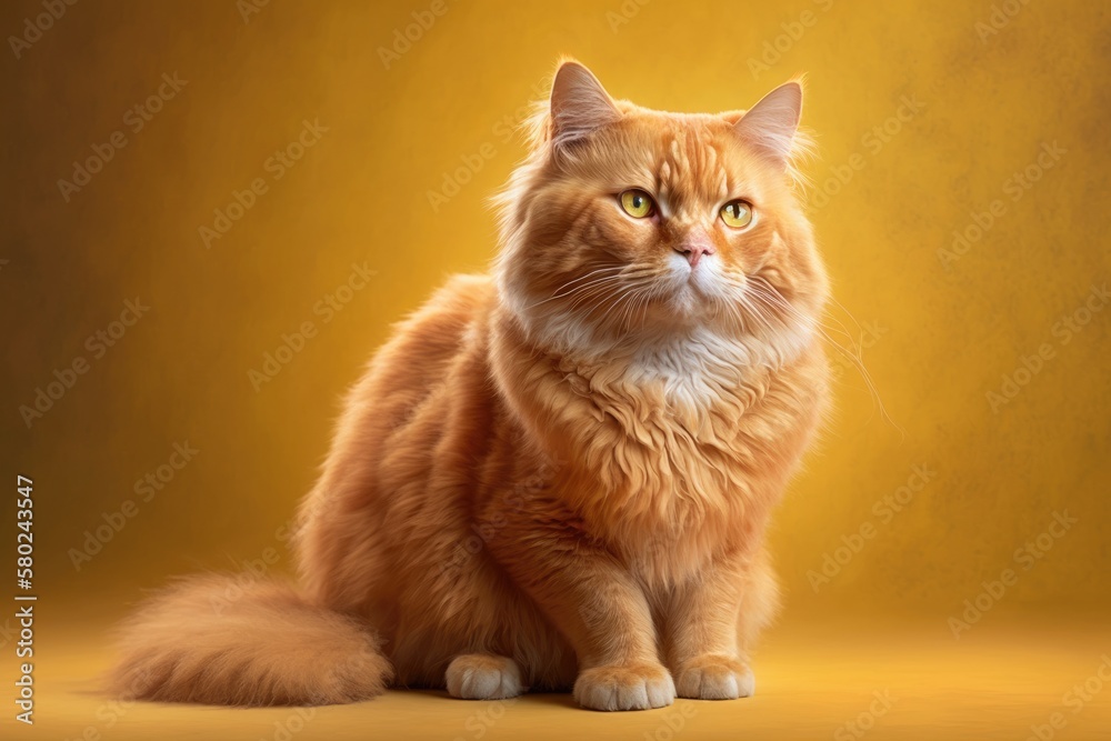 The main idea is that people should love and take care of animals. A ginger cat is posing in a studi