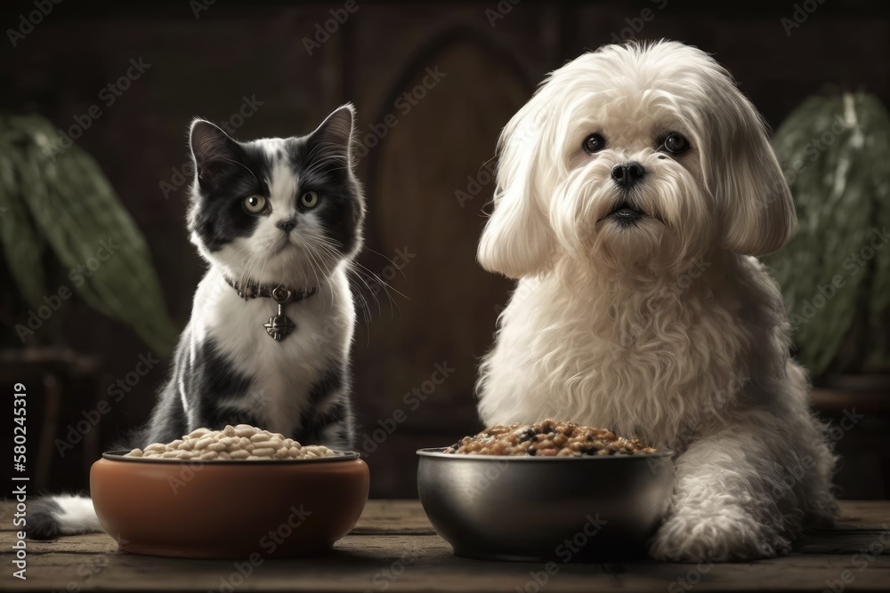 Maltese dog and black and white cat at home, eating natural, organic food out of a bowl. Generative 