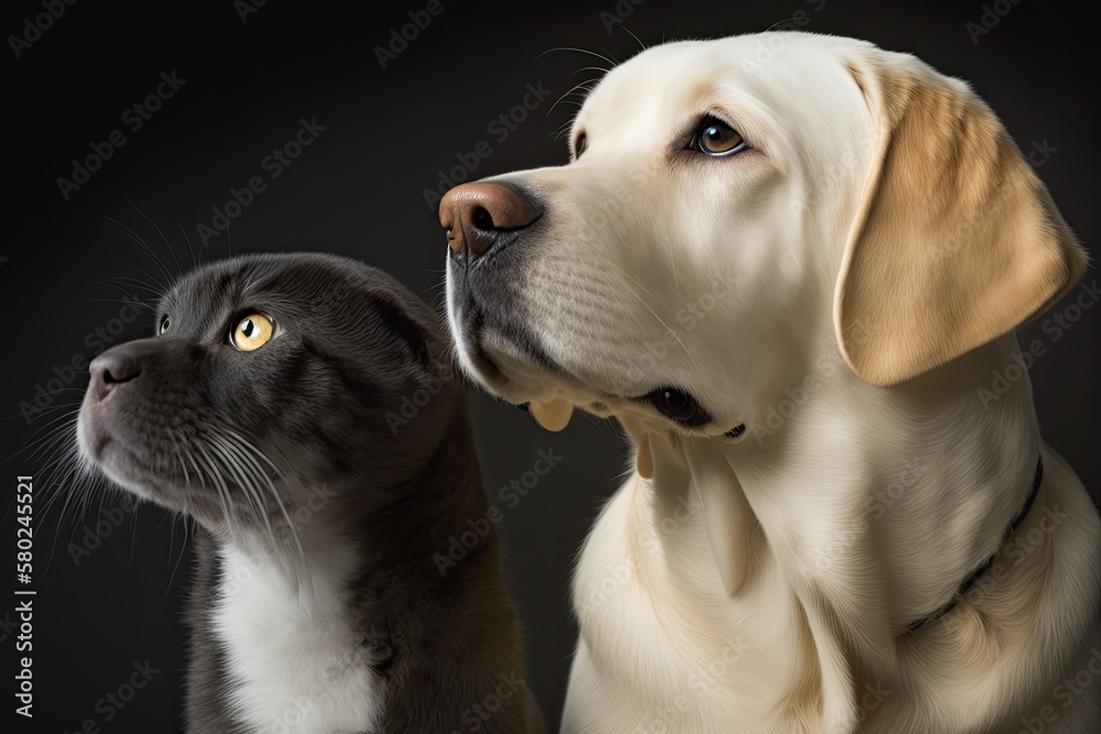 Yellow Labrador dog and white cat looking to the side, with room for text. Generative AI