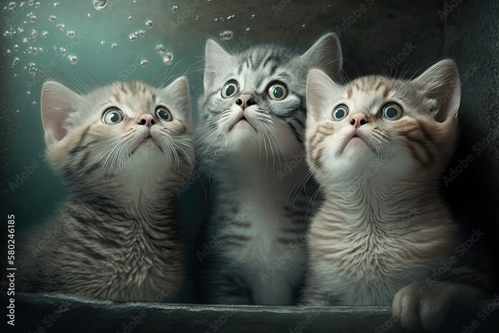 There are three adorable kittens waiting to be fed (or likes). Faces of cats looking up in wonder. G