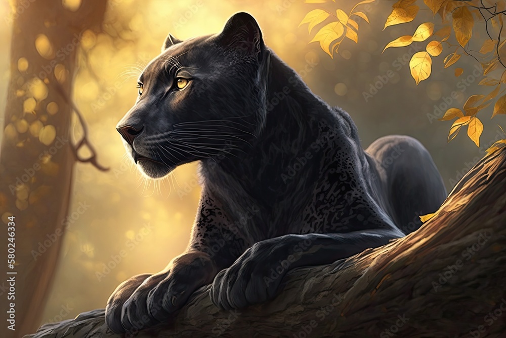 Panther in black sitting on a branch, gazing upwards towards the sun. Generative AI