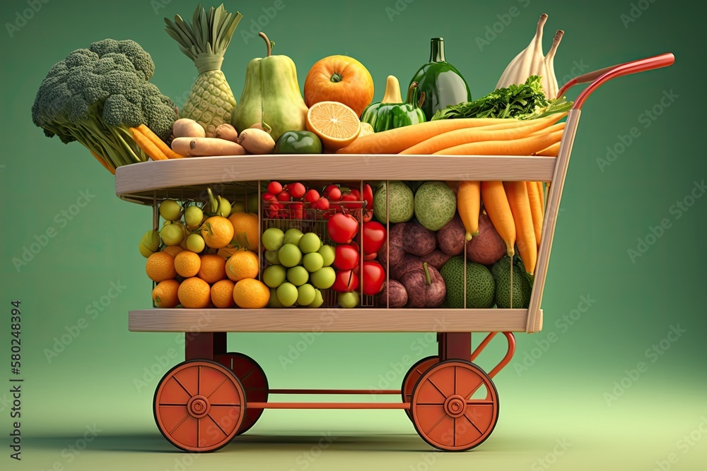 Vegetable and fruit cart at the grocery store, organic food and health concept. Generative AI