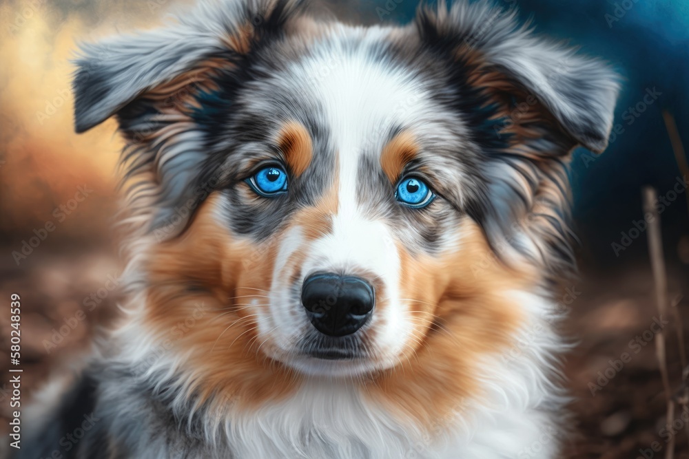 Portrait of an American Shepherd dog in a small size. Dog picture. Blue eyes dog. Animal from home o