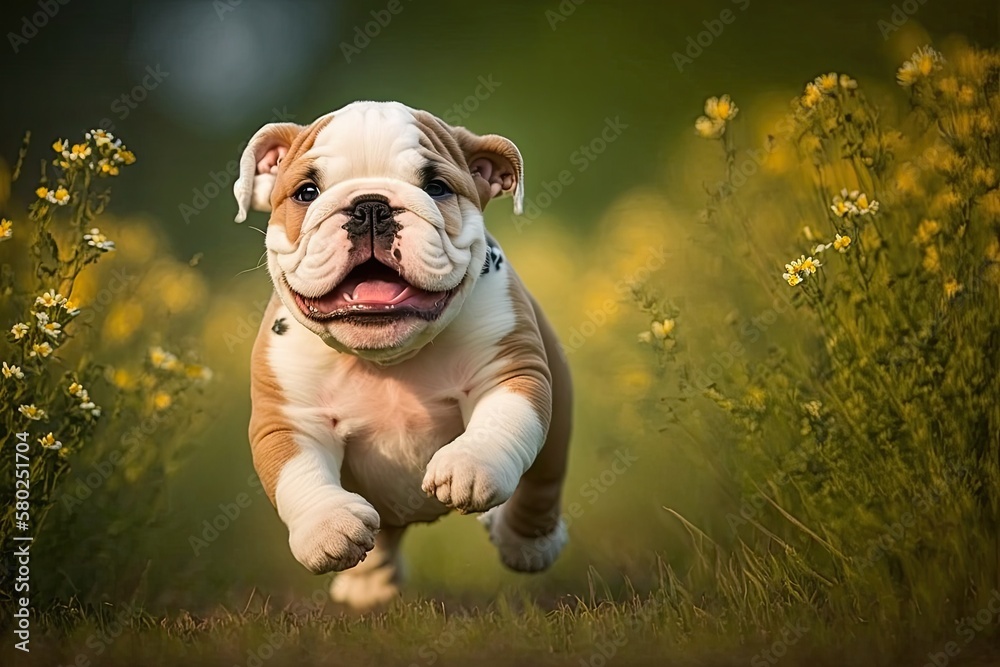 This cute English bulldog puppy is having fun in the park. Generative AI