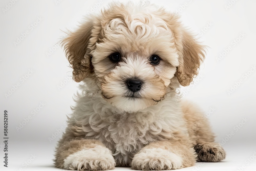 Maltipoo dog. Maltese and Poodle mix puppy on white background. Generative AI