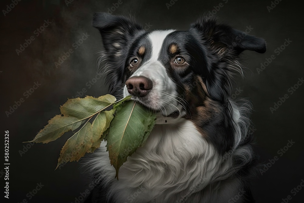 The dog is a Border Collie, and he is holding a leaf in his mouth and looking up. Generative AI