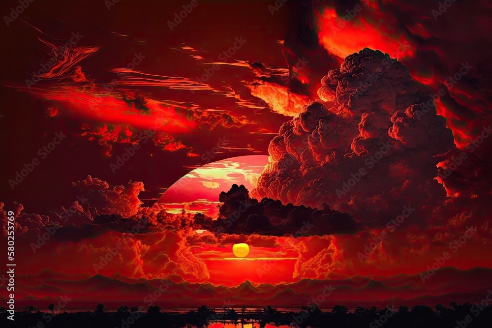 There are clouds in the sky and the sun is surrounded by a red hue. Red abstract night sky. A fiery 