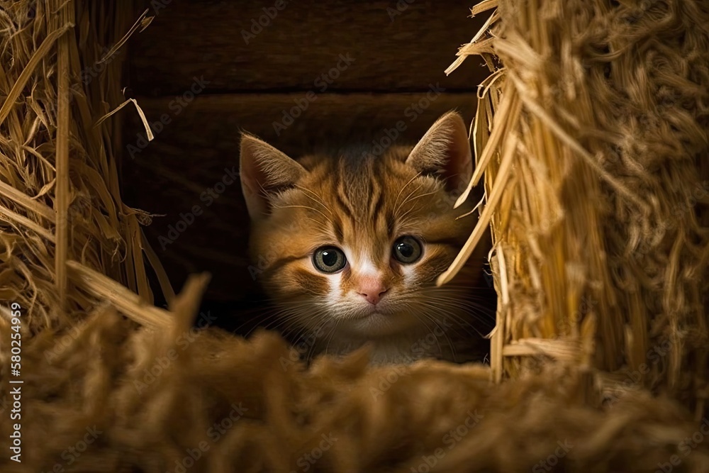 At a local farm, a cute young brown cat peeks through hay stacks. Generative AI