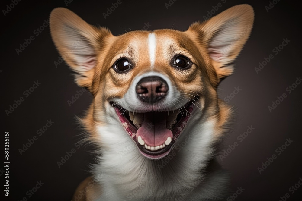 The dog is smiling at the camera and showing its teeth. Generative AI