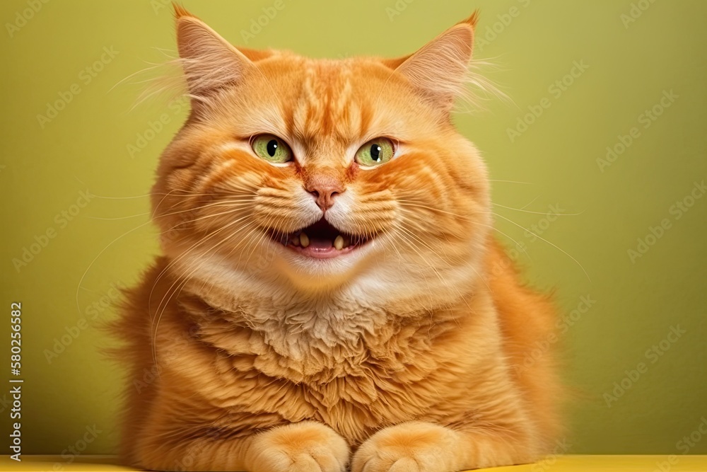 The picture of a ginger cat with a big smile, set against a yellow background. Red cat face with a s