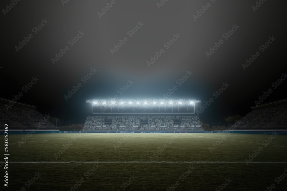 Huge, empty, and lit up soccer stadium at night. Generative AI