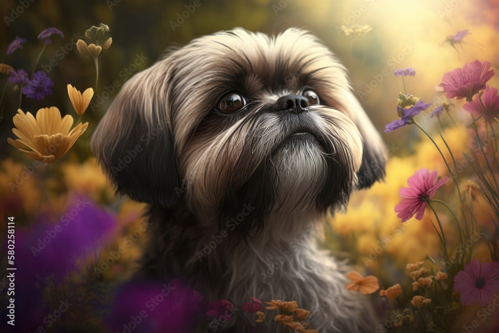 Chia (chi apso) with flowers in bloom. Generative AI