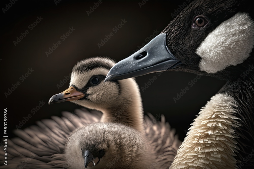 close up picture of a goose and its baby. Generative AI