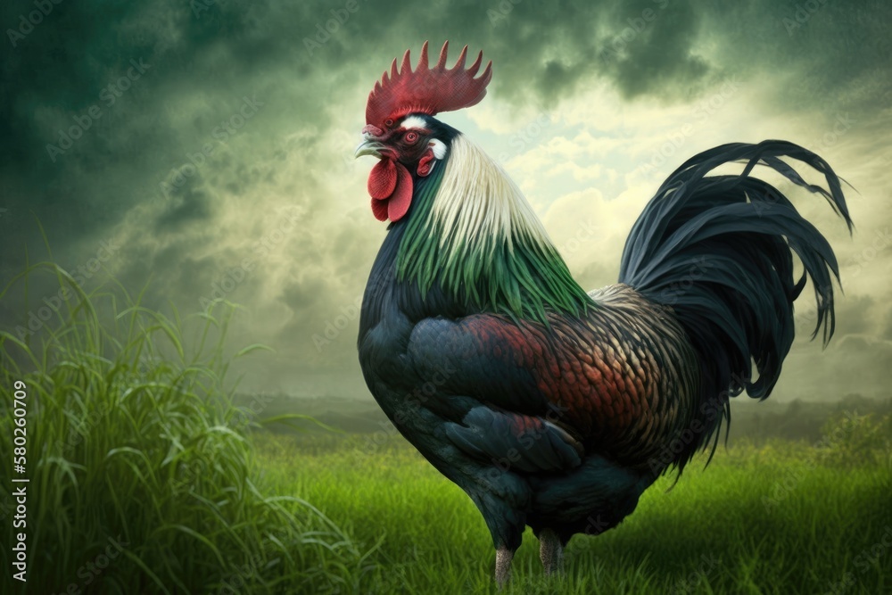 sylvester big rooster in a green field. Generative AI