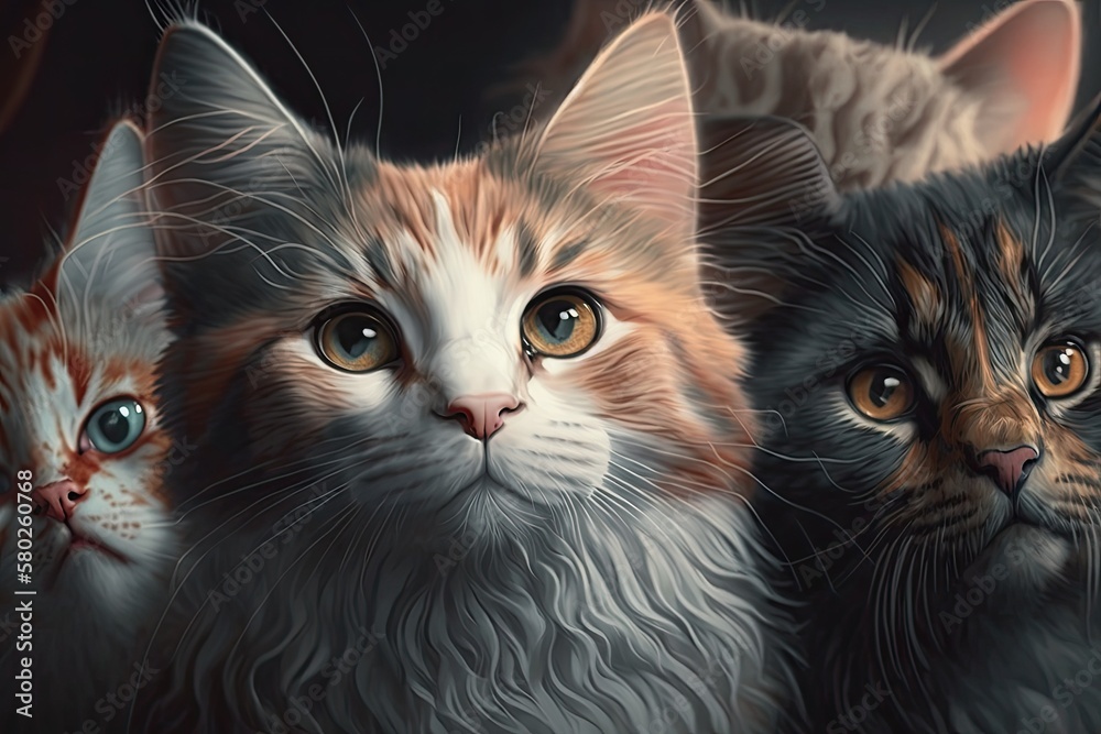 4K close up of many different cute cats. Generative AI