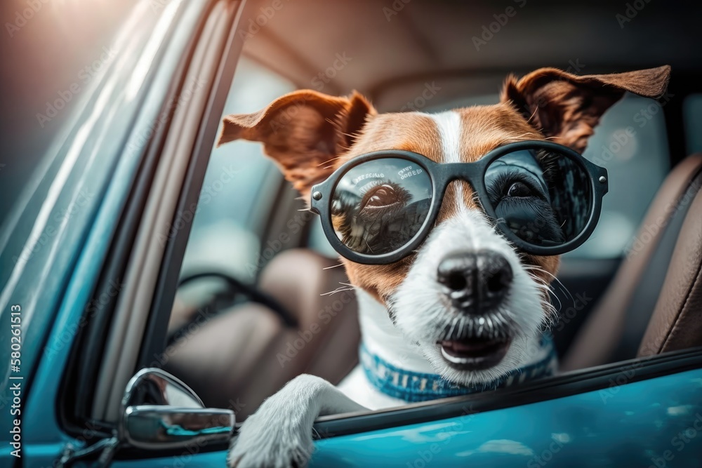 Portrait of a funny dog Jack Russell Terrier driving a car with sunglasses on. Generative AI